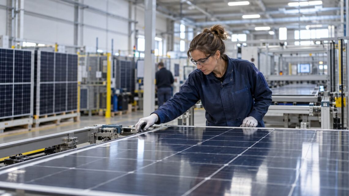 Tècnica inspeccionant un panell solar fotovoltaic en una línia de fabricació industrial.